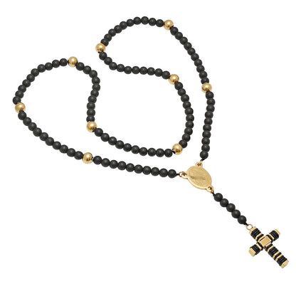 Black Beaded Rosary Necklace