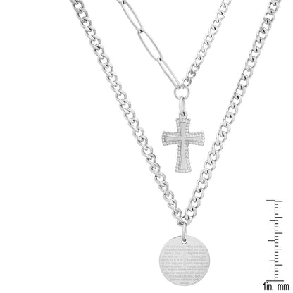 Layered Pendants With "Our Father" Prayer And Cross Charms