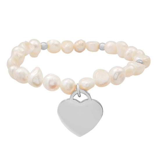 Ladies Freshwater Pearls And Stainless Steel Heart Shape Charm " Moms Are The…." Stretch Bracelet