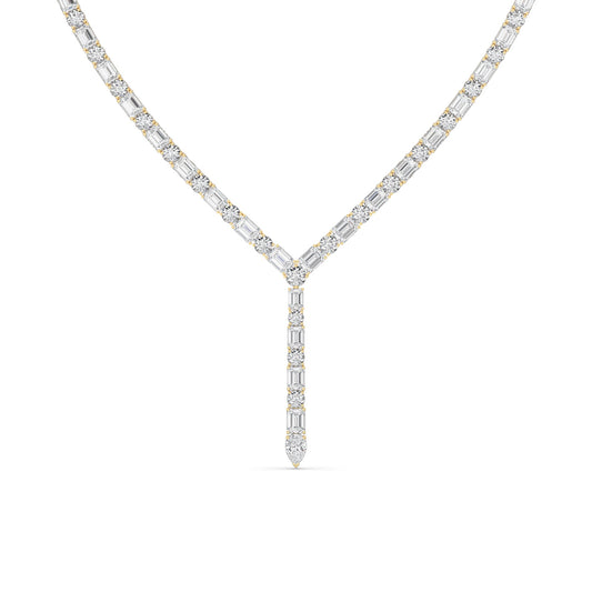 28.0 Ct Multi-Shape (F/VS) Lab Grown Diamond Prong 14K Yellow Gold Classic Eternity Tennis Necklace