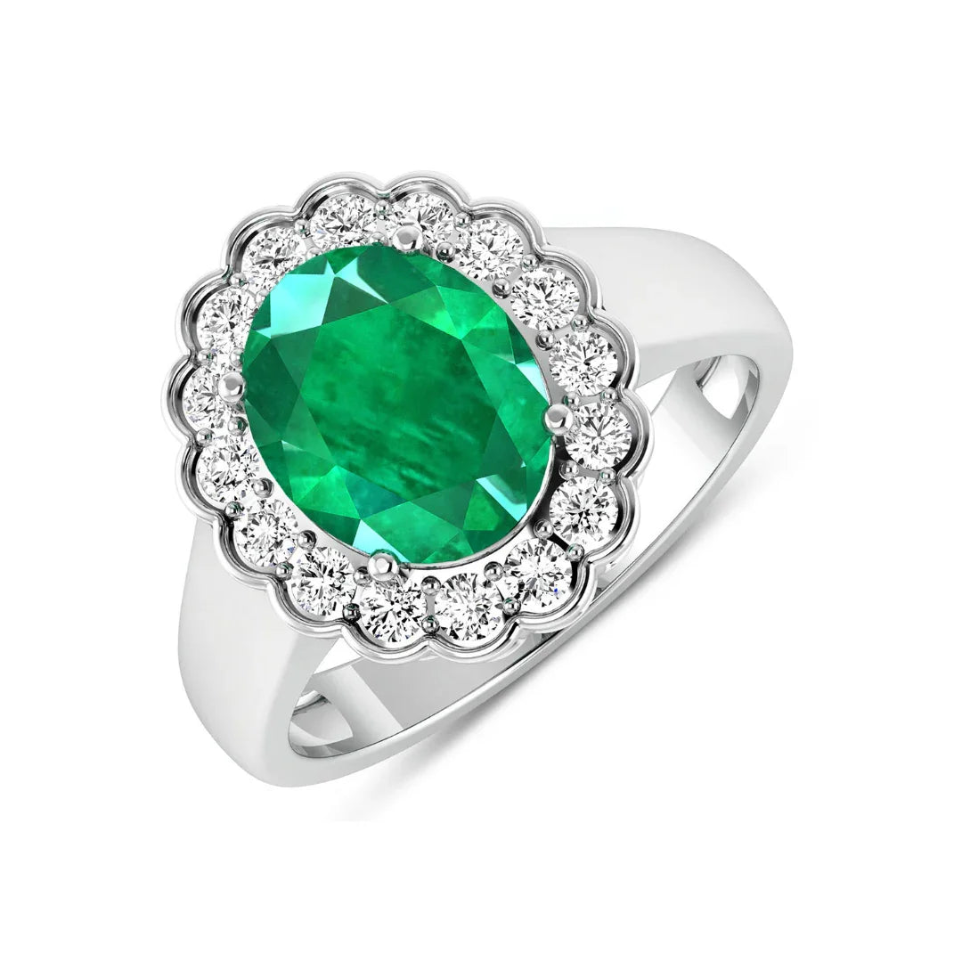 2.51 Ct Oval Green Zambian Emerald and White Diamond Prong 14k Gold Floral Halo Ring