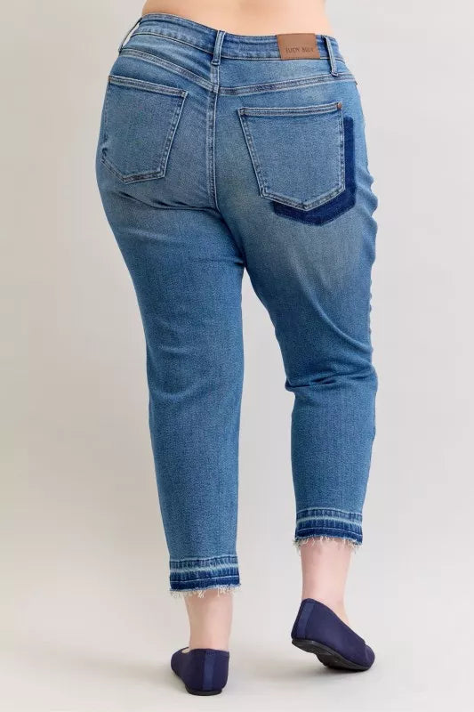 Judy Blue Full Size Mid Rise Bf Patch & Repair Destroy Release Hem Jeans Plus Size