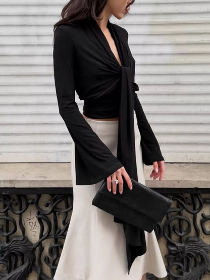 Front Tie Detail Flare Sleeve Blouse