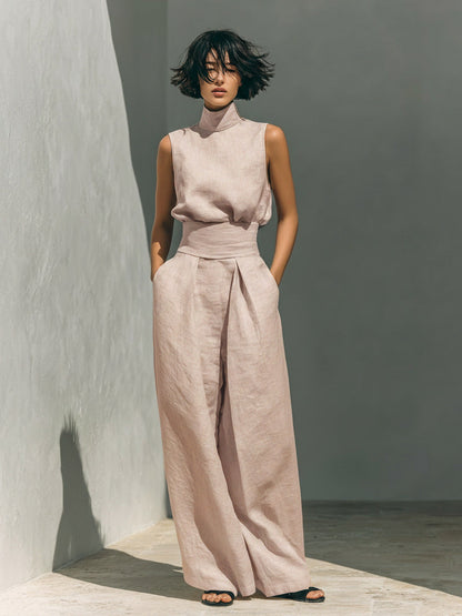 Women's Linen-Blend High-Neck Sleeveless Top & Wide-Leg Pants Set