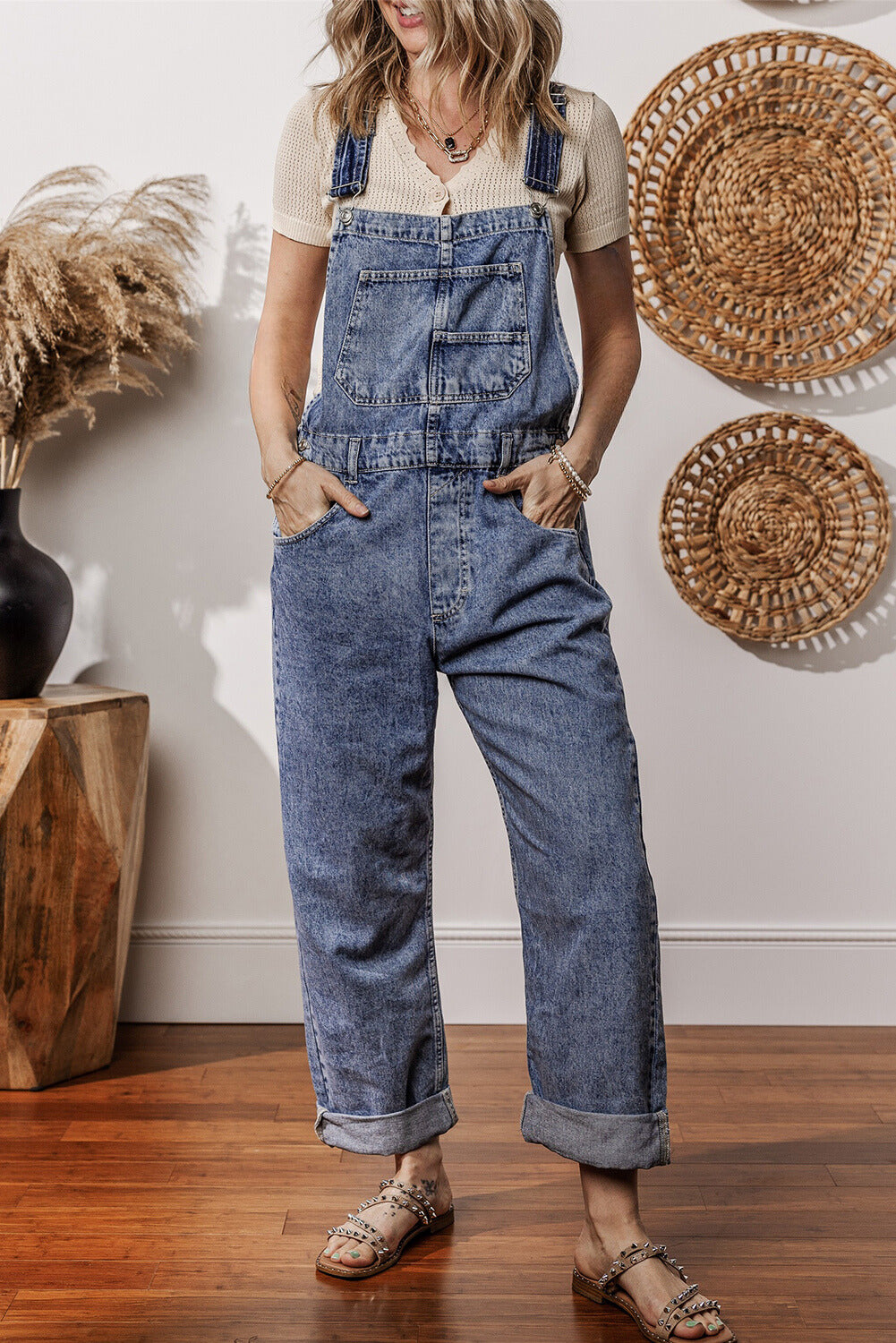 Piper Denim Straight Leg Jumpsuit with Pockets - Threaded Pear