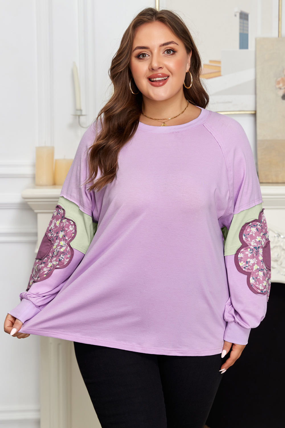 Threaded Pear Phalaenopsis Flower Patch Colorblock Plus Size Pullover Top