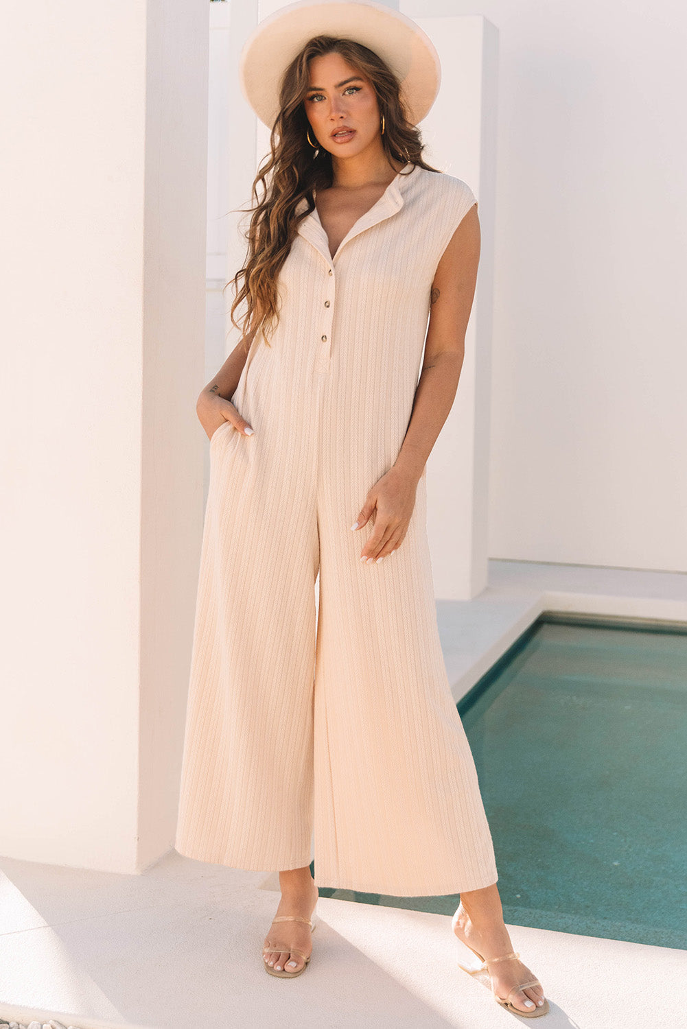 Threaded Pear Textured Buttoned Wide Leg Sleeveless Jumpsuit