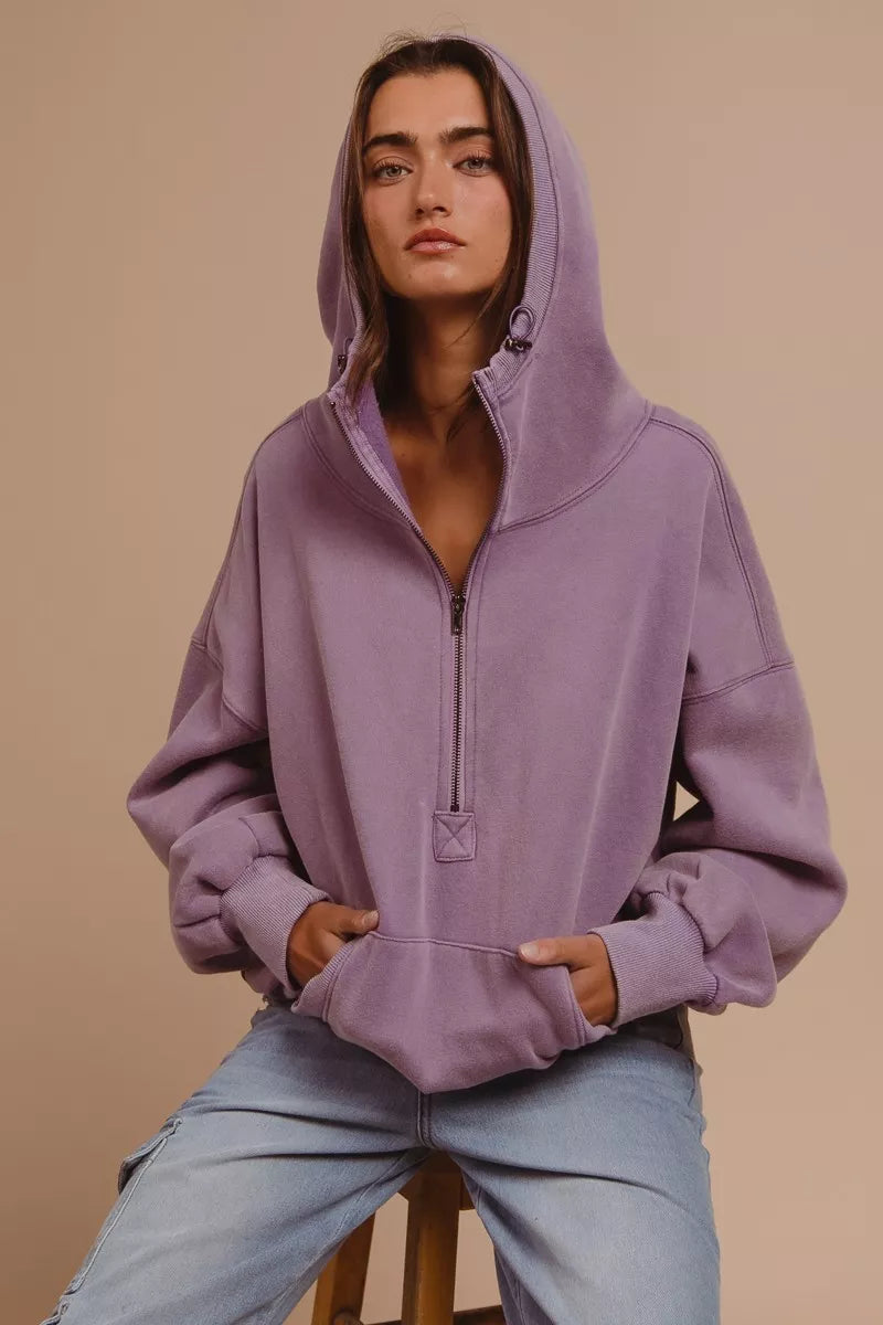 BiBi Stitch Detailed Elastic Hem Half Zip Fleece Hoodie