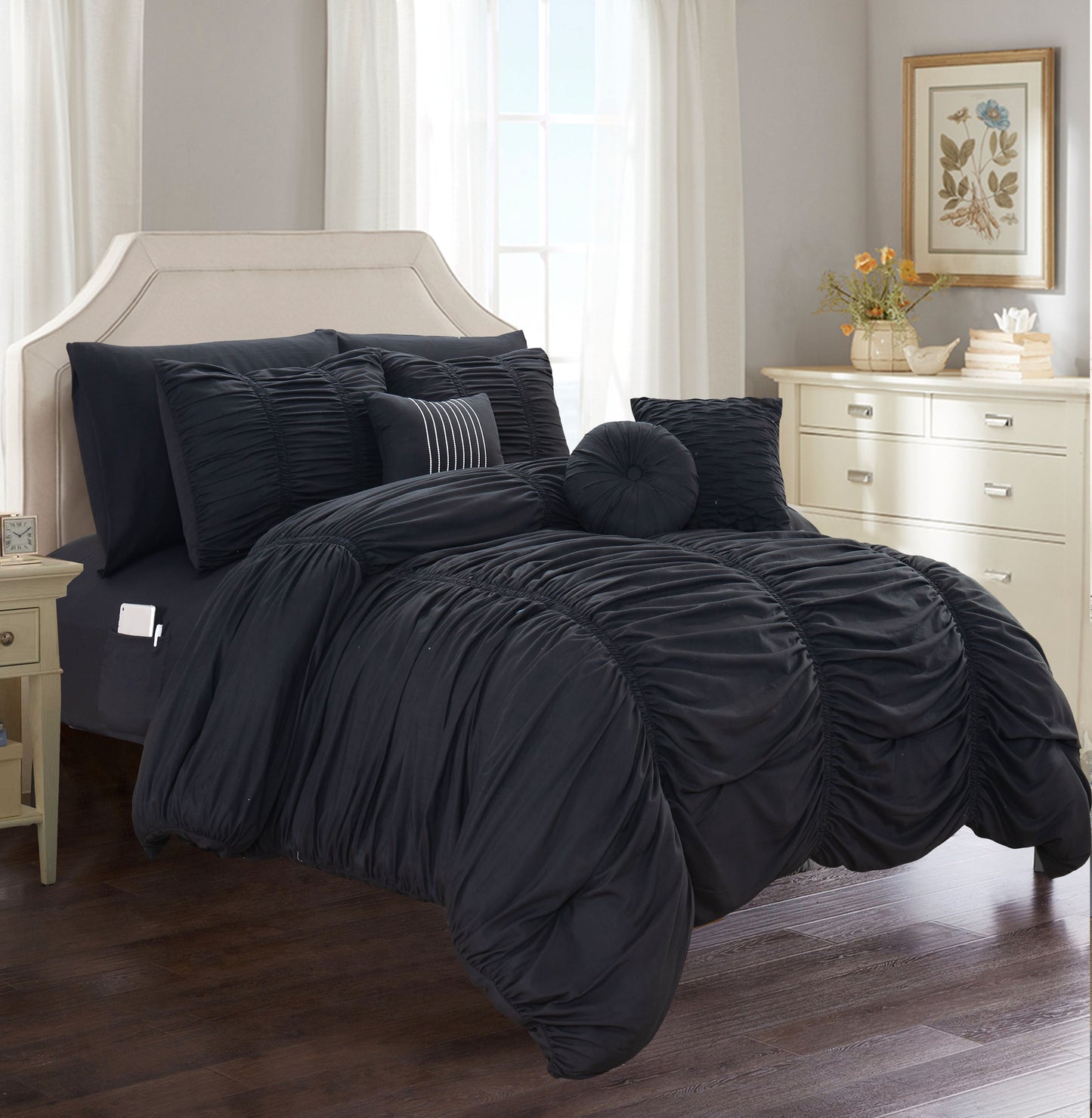 Mocassi 10-Piece Pleated Comforter Bed-in-a-Bag Includes Bed Sheet Set with Double Sided Storage Pockets and Decorative Pillows