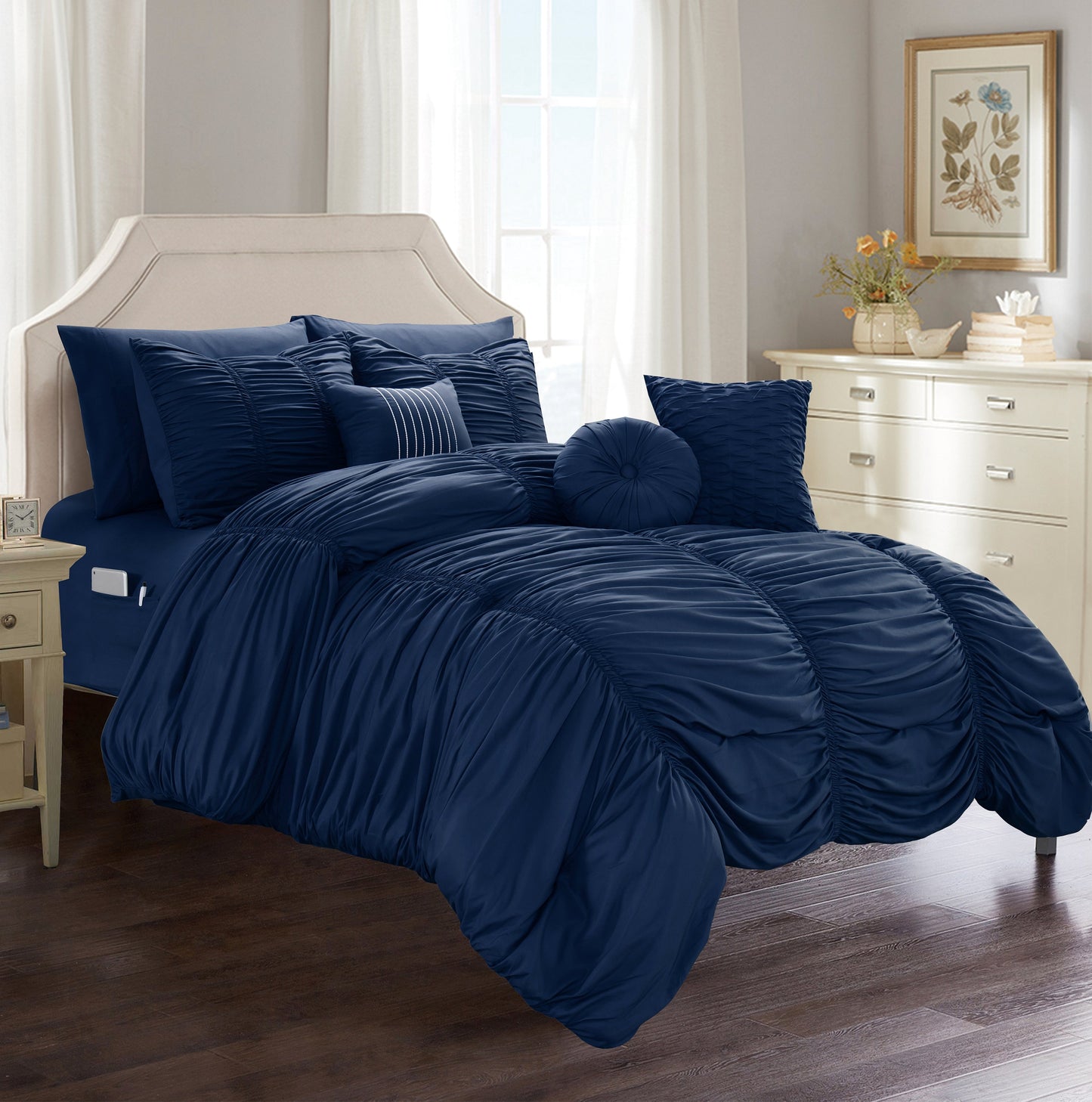 Mocassi 10-Piece Pleated Comforter Bed-in-a-Bag Includes Bed Sheet Set with Double Sided Storage Pockets and Decorative Pillows