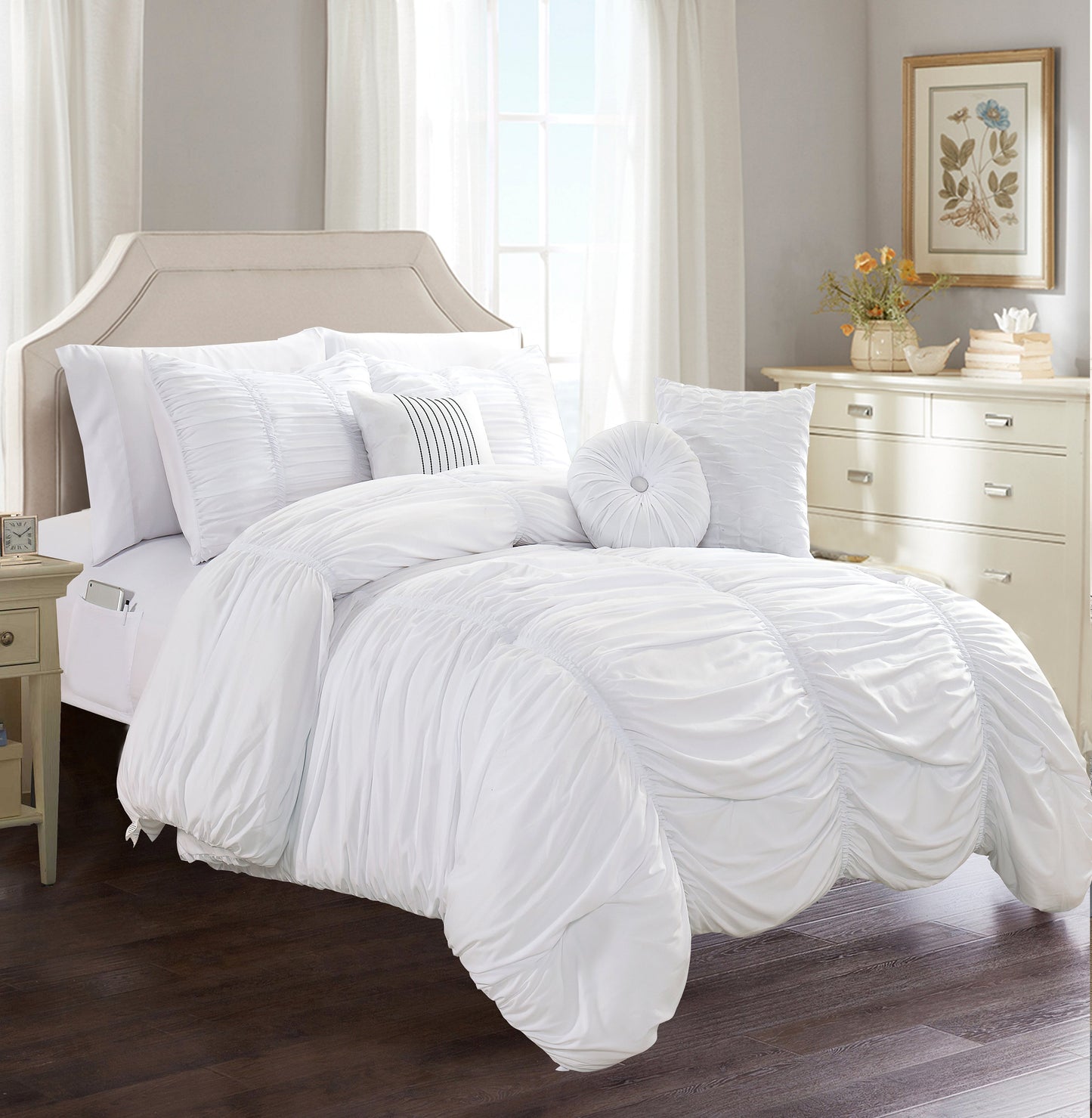 Mocassi 10-Piece Pleated Comforter Bed-in-a-Bag Includes Bed Sheet Set with Double Sided Storage Pockets and Decorative Pillows