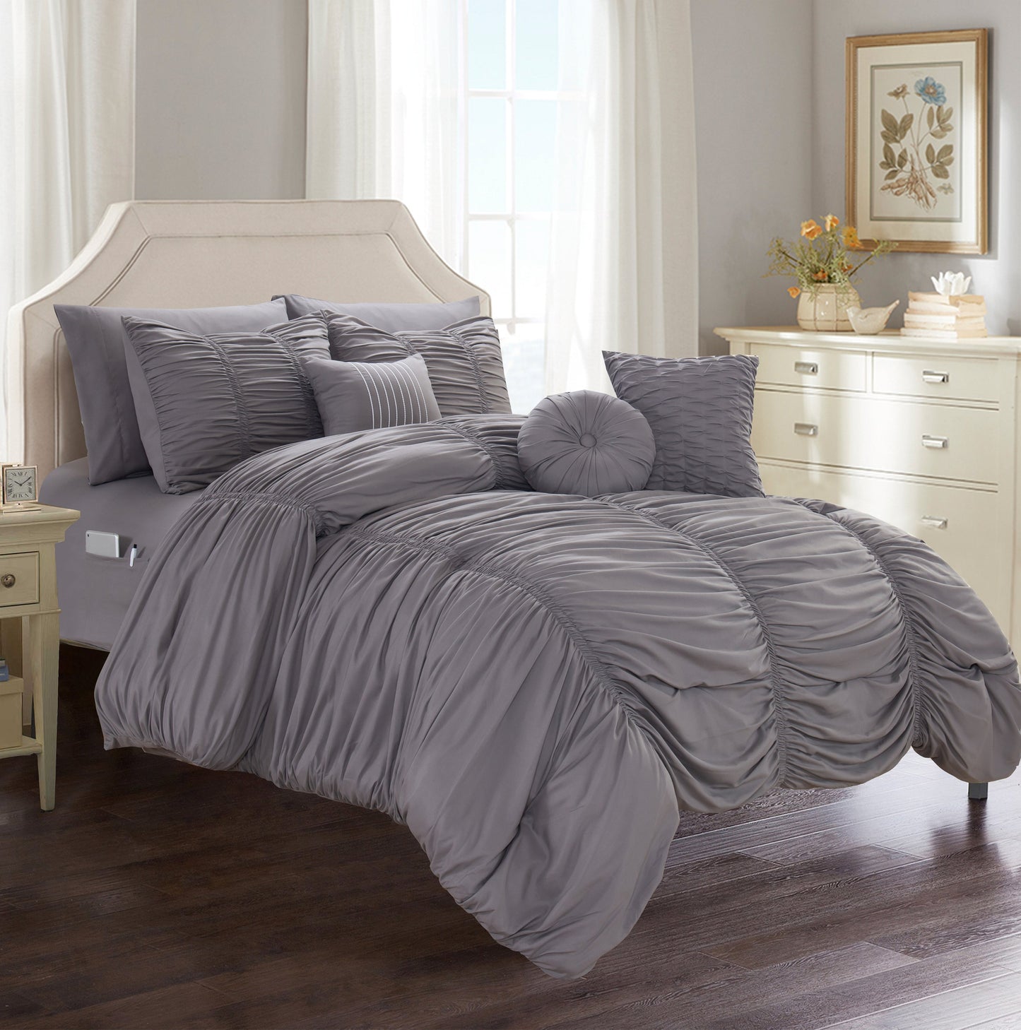 Mocassi 10-Piece Pleated Comforter Bed-in-a-Bag Includes Bed Sheet Set with Double Sided Storage Pockets and Decorative Pillows