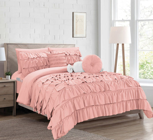 Mocassi 10-Piece Cinderella Comforter  Bed-in-a-Bag  Multirufle Includes Bed Sheet Set with Double Sided Smart Storage Pockets