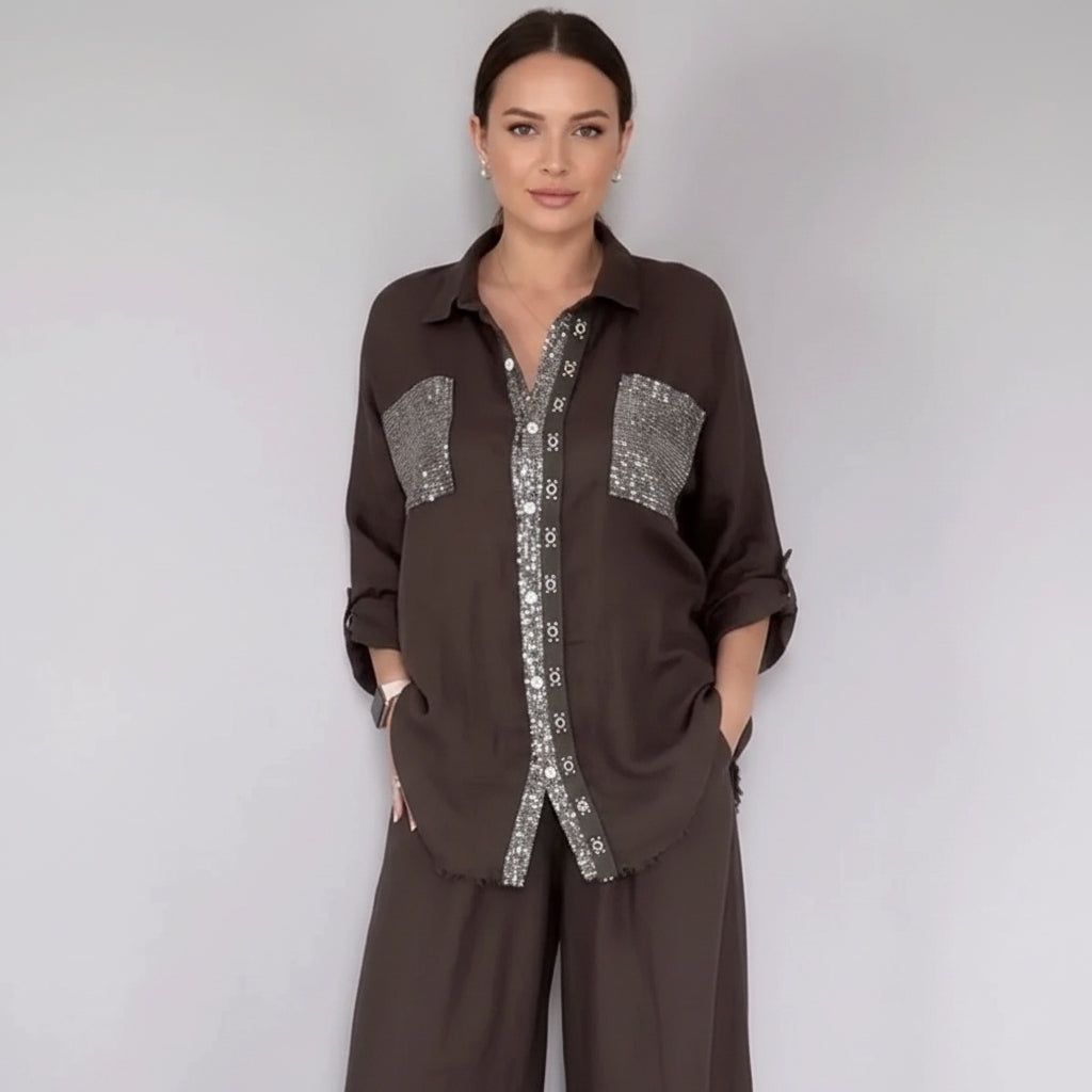 Women's Sequin Pocket & Placket Oversized Shirt & Wide-Leg Pants Set