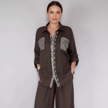 Women's Sequin Pocket & Placket Oversized Shirt & Wide-Leg Pants Set