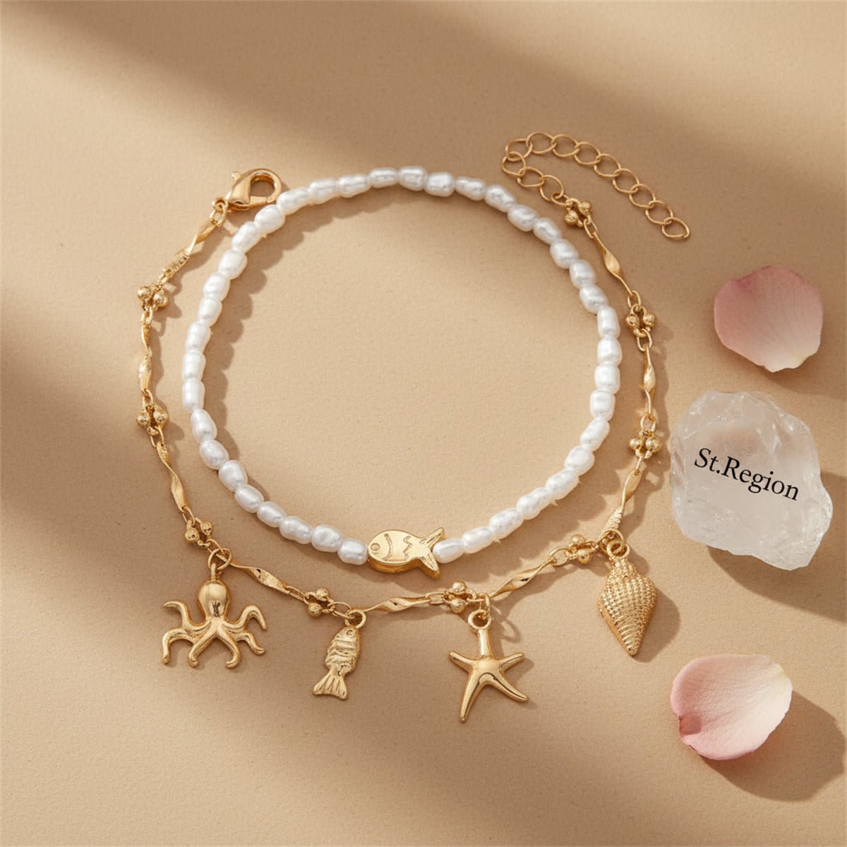 Baroque Pearl & Goldtone Sea Lives Tassel Anklet Set