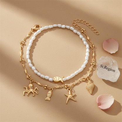 Baroque Pearl & Goldtone Sea Lives Tassel Anklet Set