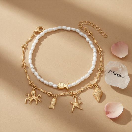 Baroque Pearl & Goldtone Sea Lives Tassel Anklet Set