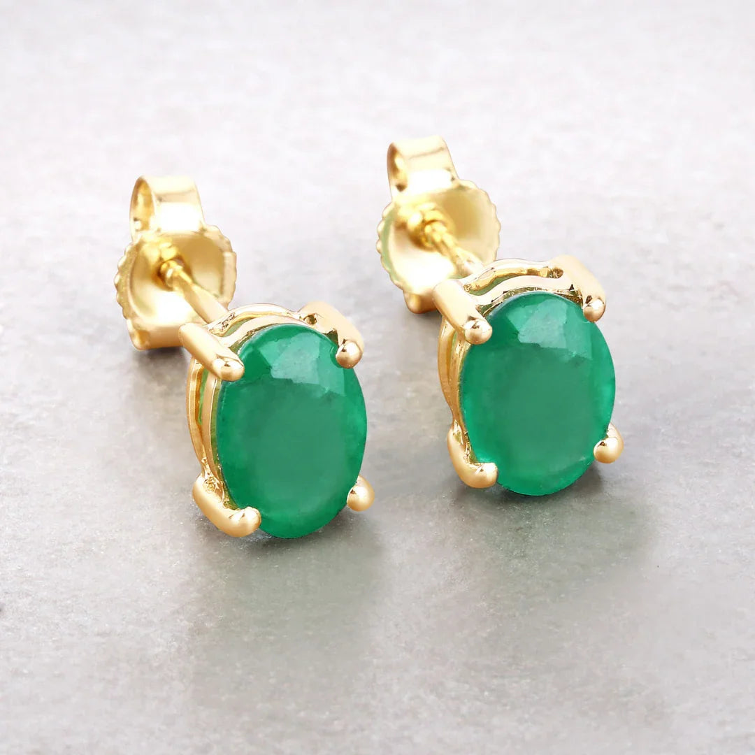 1.44 Ct Oval Green Zambian Emerald Prong 10K Gold Stud Earrings