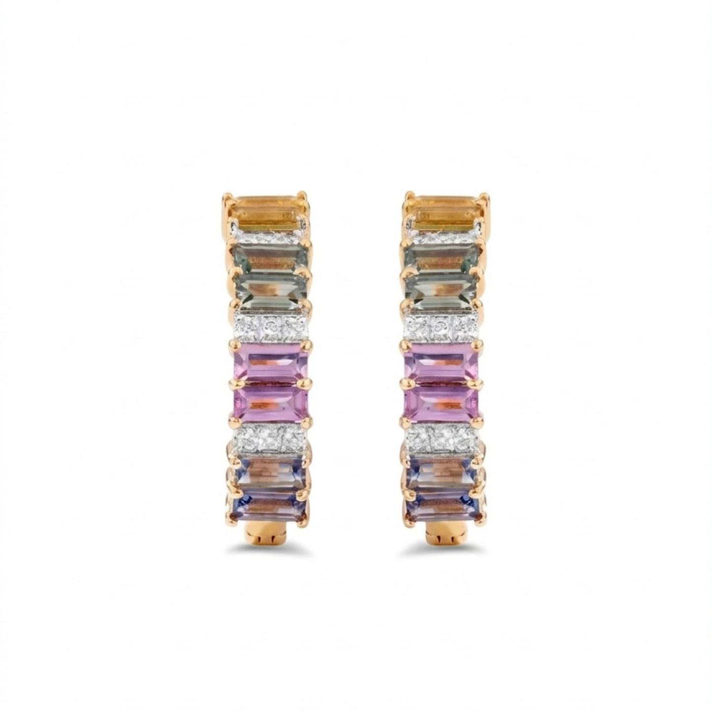 IGI Certified 2.10 Ct Multi Color Unheated Sapphire and Diamond 14K Yellow Gold Half Way Hoop Earrings