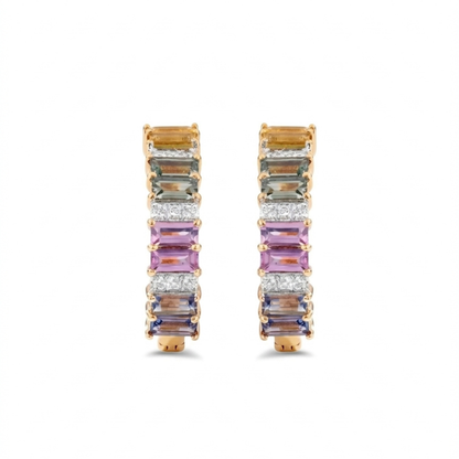 IGI Certified 2.10 Ct Multi Color Unheated Sapphire and Diamond 14K Yellow Gold Half Way Hoop Earrings