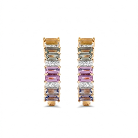 IGI Certified 2.10 Ct Multi Color Unheated Sapphire and Diamond 14K Yellow Gold Half Way Hoop Earrings