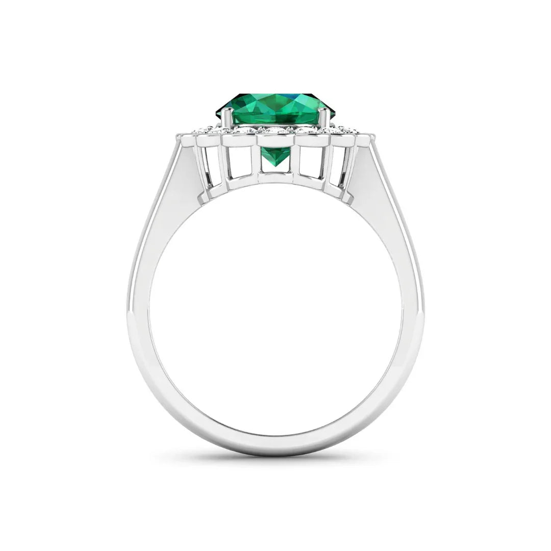 2.51 Ct Oval Green Zambian Emerald and White Diamond Prong 14k Gold Floral Halo Ring