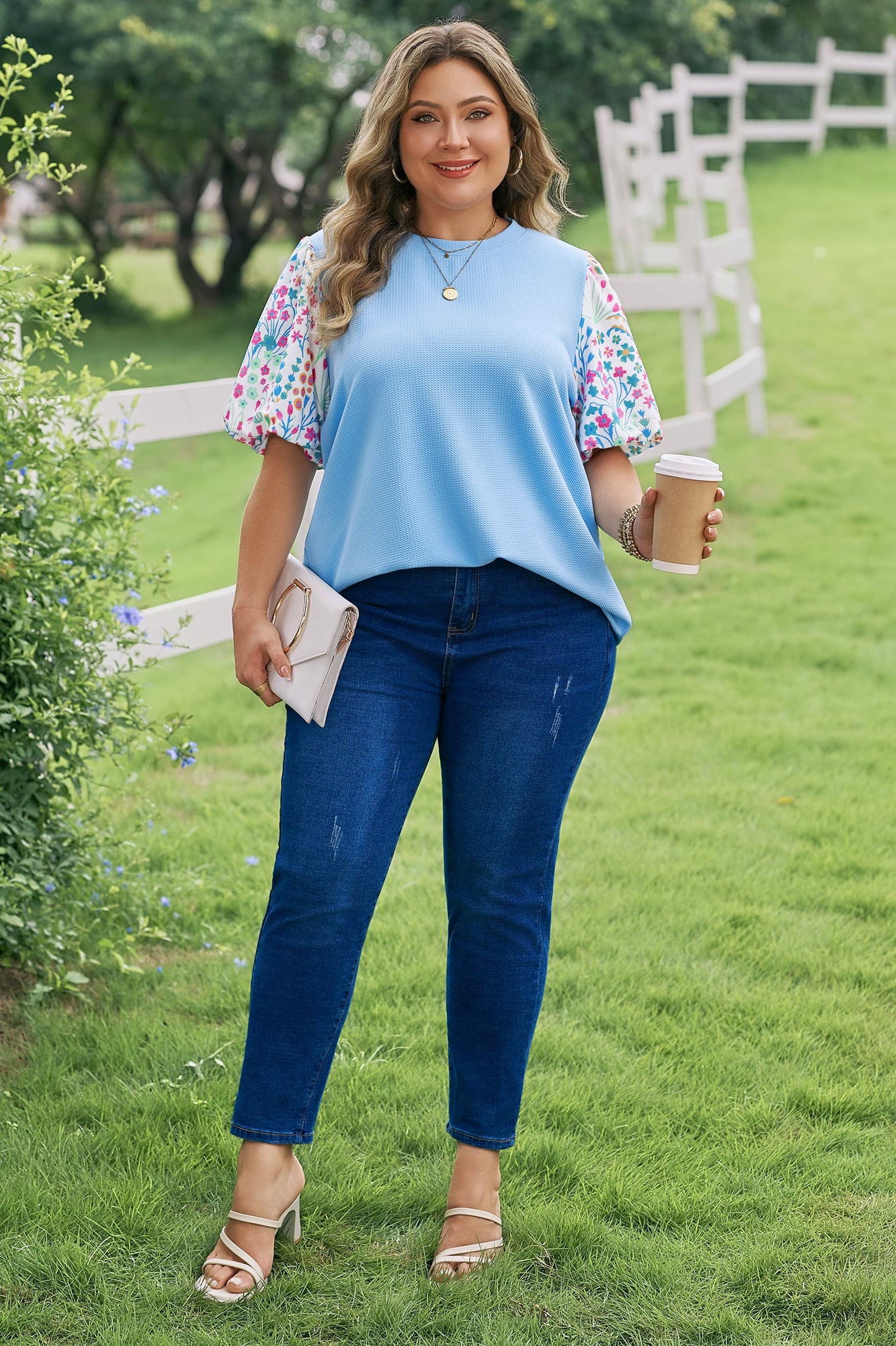 Threaded Pear Raelynn Contrast Floral Sleeve PLUS Top