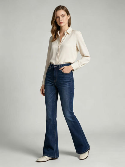 High-Waist Slim-Fit Slightly Flared Women's Jeans – Full-Length Denim Pants