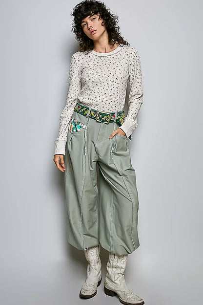 POL Ribbed Knit Floral Crew Neck Long Sleeve Top