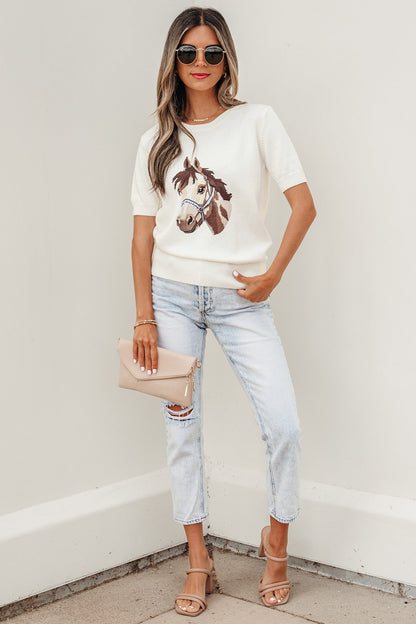 Threaded Pear Regina Printed Short Sleeve Sweater