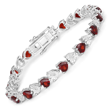 0.14 Ct Heart Red Garnet & Diamond Prong Silver Box Clasp Tennis Bracelet