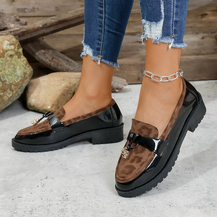 Women's Korean Style Leopard Print Buckle Loafers – Mid-Heel Non-Slip Casual Shoes