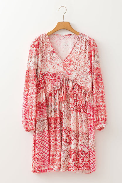 Threaded Pear Melody Floral Tassel Tie Long Sleeve Mini Dress