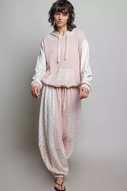 POL Mixed Knit Contrast Print Sleeve Hoodie with Kangaroo Pocket