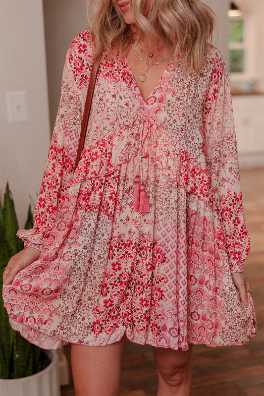 Threaded Pear Melody Floral Tassel Tie Long Sleeve Mini Dress