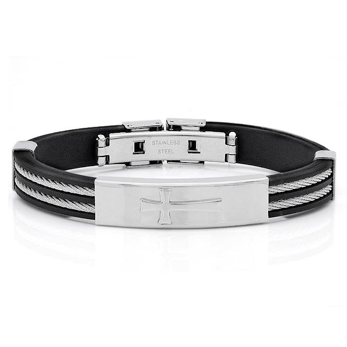 Rubber Bracelet With Cable Wire And Cross Design
