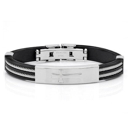 Rubber Bracelet With Cable Wire And Cross Design