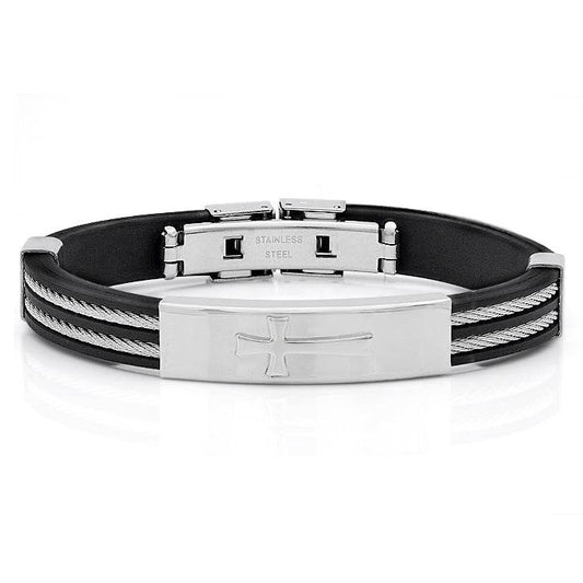Rubber Bracelet With Cable Wire And Cross Design