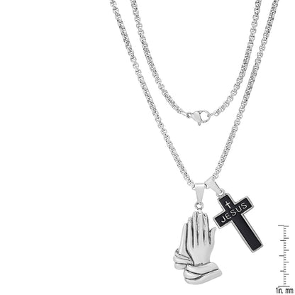 Stainless Steel And Black Enamel Cross ("Jesus") And Prayer Hands Pendants