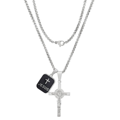 Stainless Steel And Black Enamel Dog Tag & Crucifix Pendants