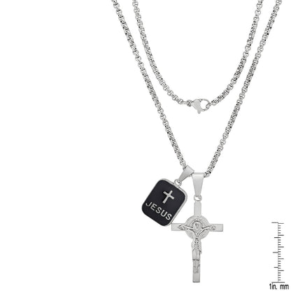 Stainless Steel And Black Enamel Dog Tag & Crucifix Pendants