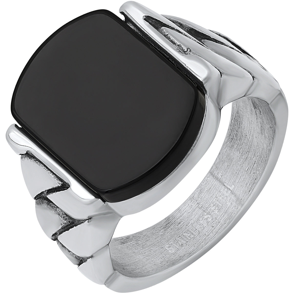 Stainless Steel and Simulated Onyx Chain Link Ring