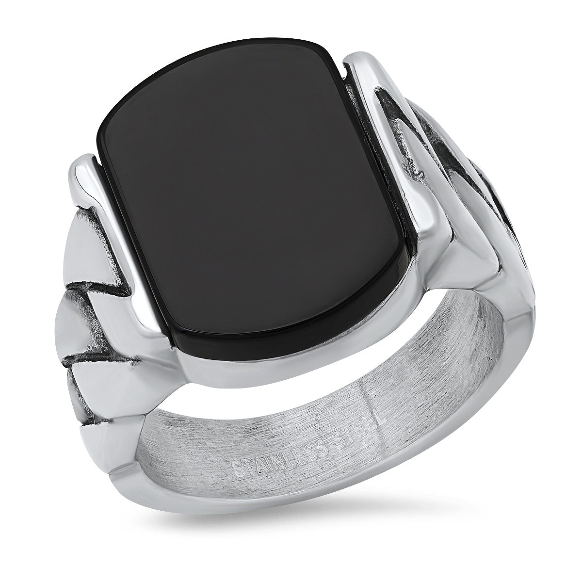 Stainless Steel and Simulated Onyx Chain Link Ring