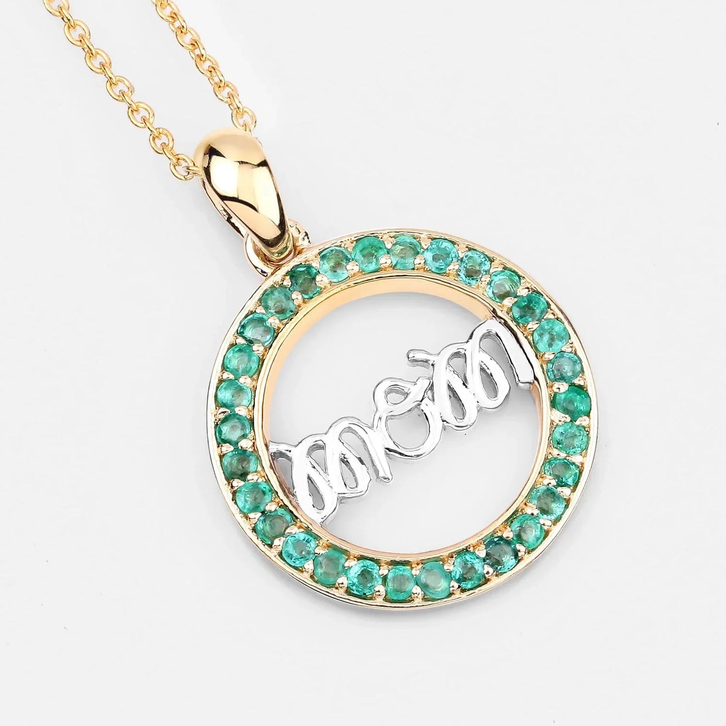 Round Green Emerald Prong Gold Plated Silver Mom Circle Pendant Necklace