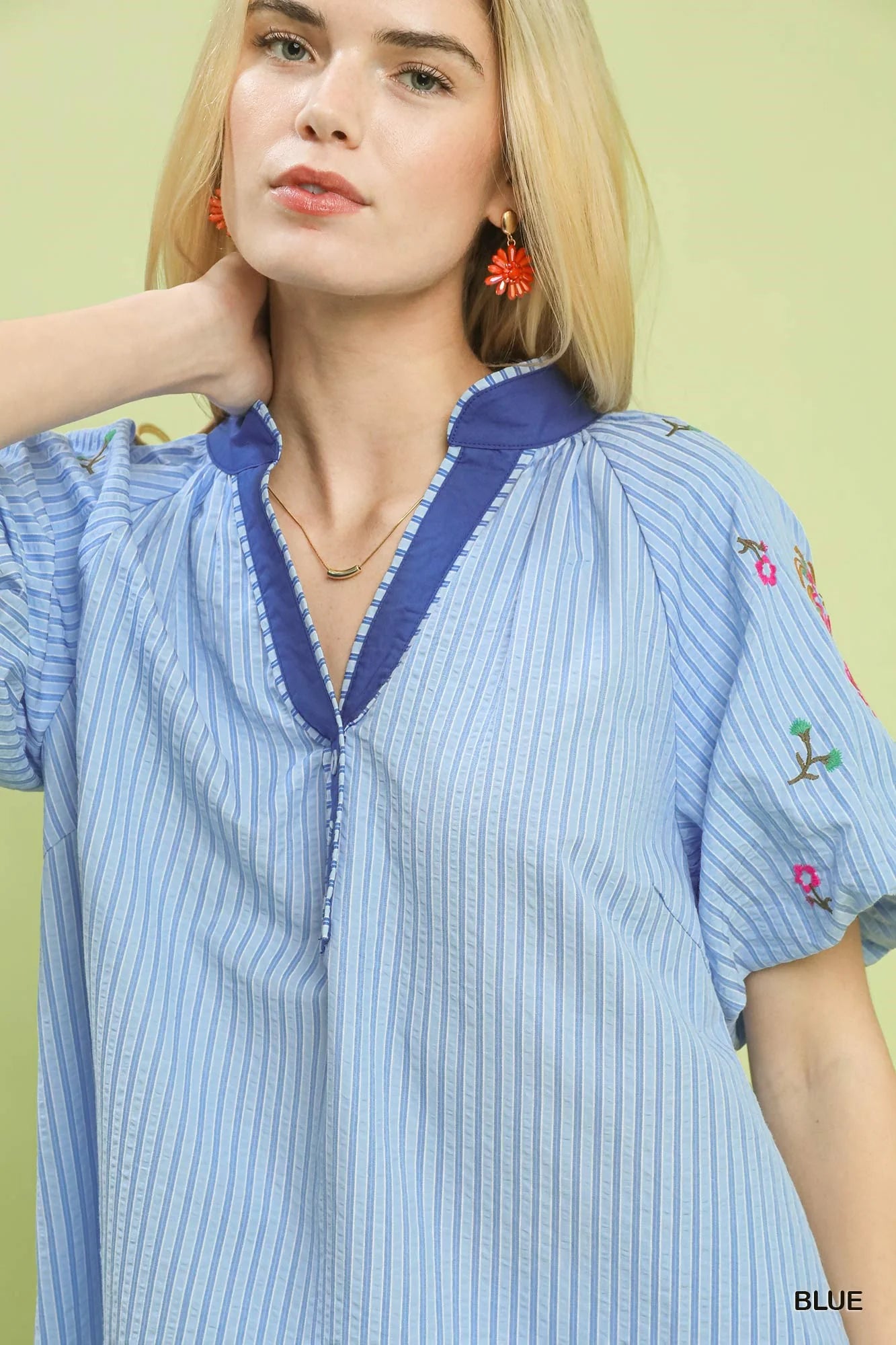 Umgee Embroidered Stripe Top in Blue