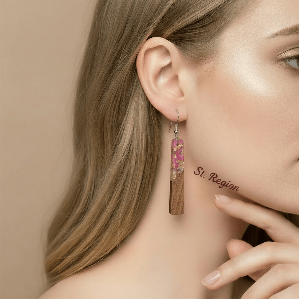 Purple Resin & Wood Silvertone Elongated Trapezoid Hook Earrings