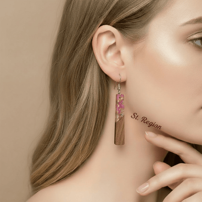 Purple Resin & Wood Silvertone Elongated Trapezoid Hook Earrings