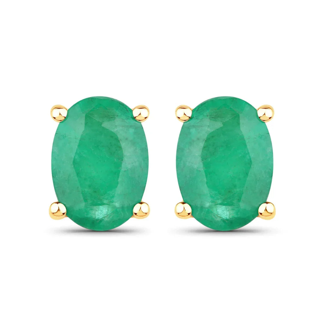 1.44 Ct Oval Green Zambian Emerald Prong 10K Gold Stud Earrings