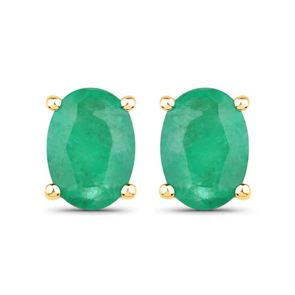 1.44 Ct Oval Green Zambian Emerald Prong 10K Gold Stud Earrings